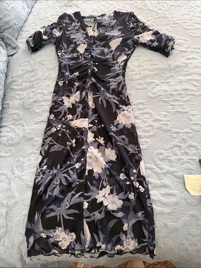 White House Black Market Black Floral Ruched Midi Dress with White & Gray Bloom